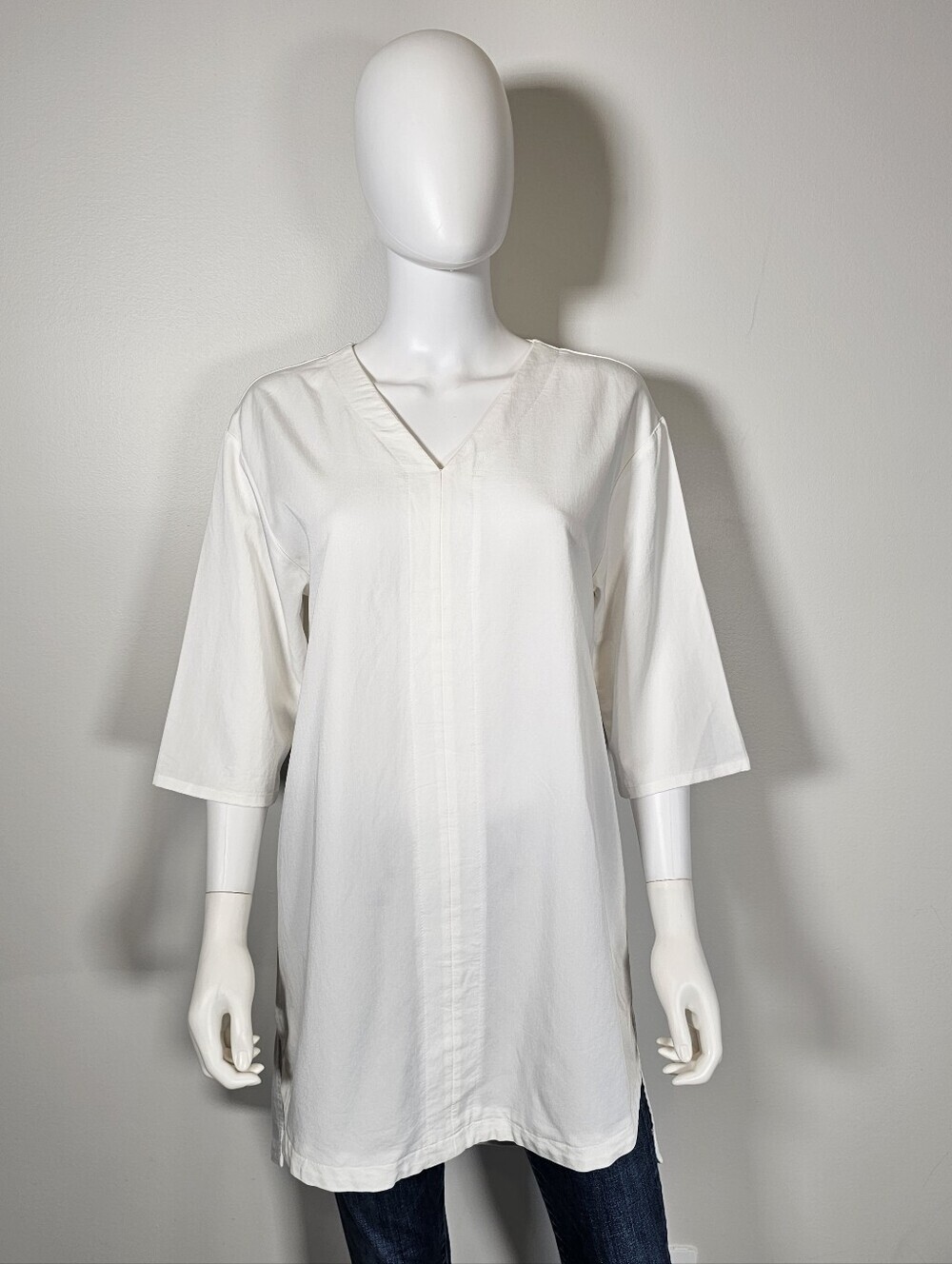 Emma Knudsen White Shirt Style Short Sleeve Tunic Top Sz M
